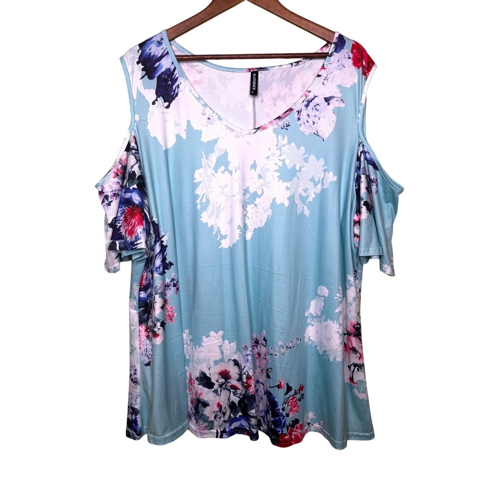 Allegrace Women Blue Floral Cold Shoulder V-Neck Short Sleeve Top Size 2X Flowy